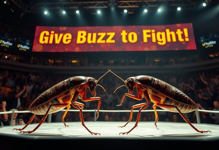 Two cockroaches locked in an intense MMA-style fight inside a brightly lit octagon ring. The high-resolution scene captures the intricate details of their glossy exoskeletons, segmented limbs, and determined stances. Surrounding the octagon, a packed crowd of enthusiastic spectators cheers wildly, amplifying the tension and excitement. Large digital displays above the audience flash the bold slogan, ‘Give Buzz to Fight!’ in dynamic typography. The scene is masterfully shot using Panavision Prime optics, delivering stunning sharpness, vibrant colors, and cinematic depth that emphasize every detail of the cockroaches, the stage, and the charged atmosphere
