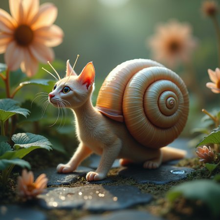 Imagine a hyper-realistic photograph of a surreal creature that combines the essence of a cat and a snail. The creature has a lithe, feline body covered in soft fur, but with prominent, snail-like eyes on long, delicate stalks that extend from its head, giving it a curious, otherworldly appearance.
The creature’s back gracefully transitions into a spiraled, iridescent snail shell, which shimmers with subtle rainbow hues as it catches the light. The cat snail’s body moves with the fluid, gliding motion of a snail, leaving behind a faint, glittering trail on the ground. The front paws are still feline, with delicate claws, but the back half merges seamlessly into the snail’s muscular foot.
Set in a magical, dew-kissed garden at dawn, the snail-cat hybrid navigates a world of oversized flowers, glistening leaves, and moss-covered stones. The snail eyes, perched atop their stalks, survey the environment with a blend of catlike curiosity and snail-like patience. The early morning light casts a golden glow across the scene, highlighting the creature’s unique blend of soft fur and smooth shell. The overall atmosphere is whimsical and serene, a perfect blend of the natural and the fantastical.