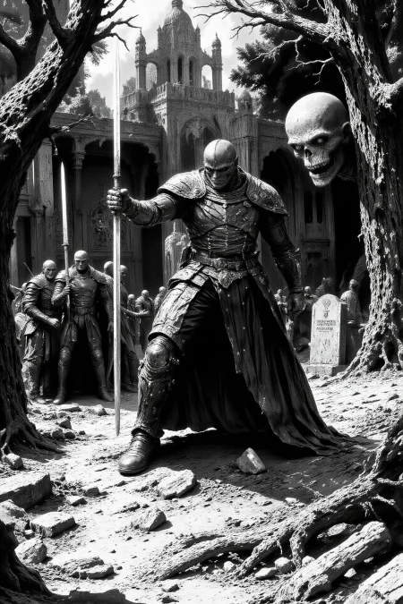 terror horror fantasy landscape, graveyard, comics, very detailed medieval warrior  holding a sword fighting against a group of esquletons, vampires and monsters, (multilayer paint splash style),  <lora:Hand v2:1> <lora:Anti-Blur:1> <lora:Insane Detail Slider:0.5>   <lora:Flux.1_Turbo_Detailer:0.6>   <lora:flux-photo-transparent_Alpha_1.0:0.8> <lora:flux.1_lora_flyway_Epic-detail_v2:1>   <lora:FluxMythP0rtr4itStyle:0.8> mythp0rt <lora:zy_Dark_Fantasy_Flux:0.5> <lora:Wraith_BW_Flux:0.2> B&W