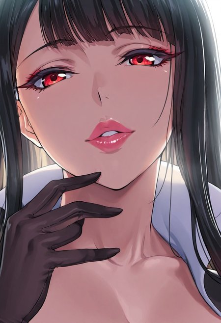 1girl, Takemura Youhei
\(Mato Seihei no Slave\),, adult woman, milf, masterpiece, black japanese kimono, hand up, black gloves, high collar, dark black hair, long hair, very long hair, luscious lips, lip gloss, portrait, colored eyelashes, backlighting, red eyes, goddess, glossy skin, ,hires,best quality, very aesthetic,absurdres,score_9, score_8_up, score_7_up, score_6_up, score_5_up, score_4_up, (hyper extreme detailed), (hyper quality), game CG, (colour:1.2),(from side:0.7)