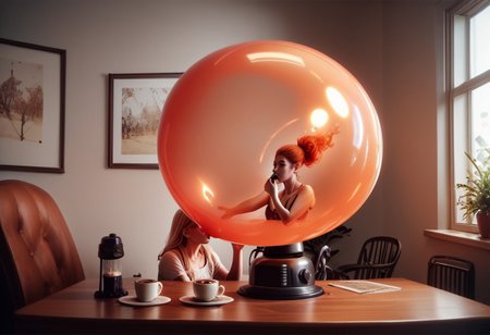 Coffee machine, score_9, score_8_up, score_7_up, score_6_up, score_5_up, score_4_up, flamestyle, perfect face, perfect eyes, she is blowing up a huge balloon, overinflating, the balloon shows wisps of flame inside it.