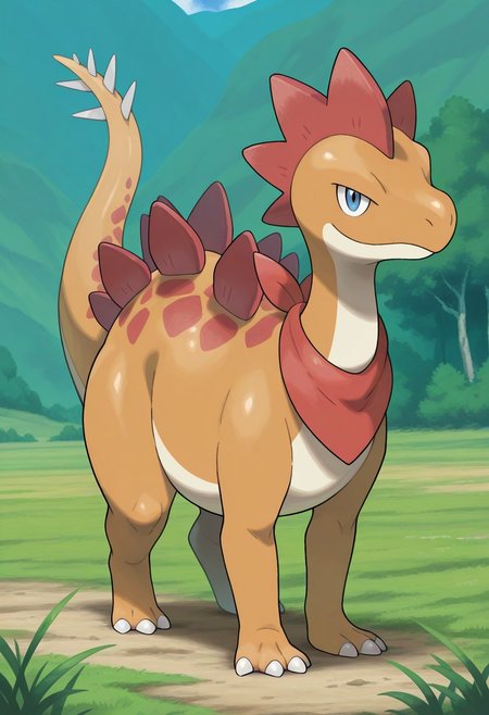 sugimori ken, pokemon, official art, 
best quality, masterpiece, amazing quality, very aesthetic, absurdres, 
full body, 
1boy, 
no humans, solo, 
stegosaurus, 
anthro, 
colored skin, tan skin, countershading, white belly, 
red bandana neckerchief, 
looking at viewer, smile, 
outdoors, field