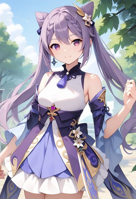 score_9, score_8_up, score_7_up, source_anime, best quality, masterpiece, 1girl, solo, smile. cowboy shot outdoors,
keqingcs, purple hair, cone hair bun, purple eyes, long hair, double bun, braid, twintails,