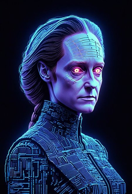 neon-pastel ascii_art by Bob kane: awesome Sci-fi movie still, stylized dark retro Female space doctor, Data, very detailed, HD photorealistic, hyper realistic, masterpiece