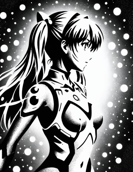 zavy-fzzgrfft, manga of Asuka Langley, dynamic lighting, dots, screentone, evangelion