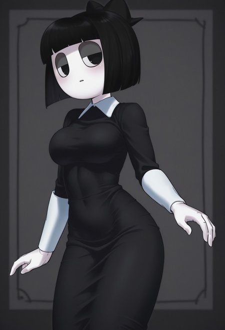 creepysusieILL, blunt bangs, black hair, short hair, long black dress, black eyes, bob cut, white skin, round eyes, round face, puppet girl,