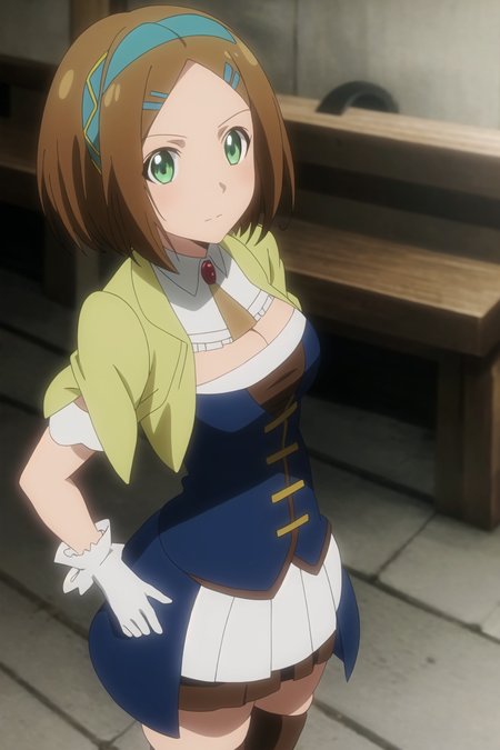 hamilton, anime art style, 1girl, solo, looking_at_viewer, short_hair, brown_hair, hair_ornament, gloves, green_eyes, hairband