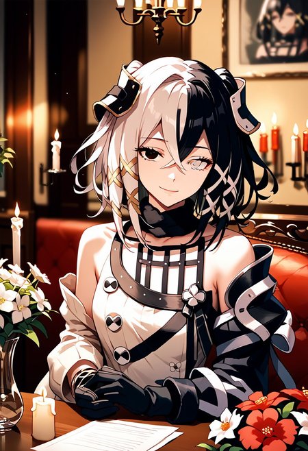 score_9,score_8_up,score_7_up,source_anime,ANTILENE_HERAN_FOUCHE,1girl,solo,looking at viewer,smile,bangs,black hair,hair ornament,gloves,dress,holding,hair between eyes,bare shoulders,closed mouth,jacket,upper body,flower,white hair,multicolored hair,black gloves,indoors,off shoulder,white dress,blurry,black eyes,bracelet,two-tone hair,streaked hair,grey eyes,heterochromia,table,x hair ornament,white flower,bouquet,candle,vase,
