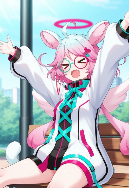 1girl,solo,<lora:gyaraco:0.9>,gyaraco_(show_by_rock!!),halo,closed eyes,glasses,ahoge,multicolored hair,low twintails,blue hair,pink hair,gradient hair,animal ears,tail,hair ornament,wings,fang,ribbon,bow,jacket,long sleeves,puffy long sleeves,looking_at_viewer,cowboy_shot,from_side,open mouth,legs_apart,legs_up,sitting_on_bench,outstretched_arms,arms_up,outstretched_legs,xd,day,park,masterpiece,best quality,good quality,newest,incredibly absurdres,