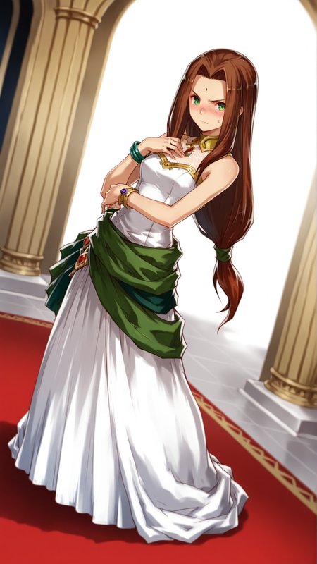 source_anime, general, best quality, masterpiece, 1girl, <lora:sania_ill:1> sania\(arkthelad\),long hair, brown hair,green eyes,facial mark,low-tied long hair, jewelry, wedding dress,chapel, bracelet,dynamic pose, dutch angle, flustered, (angry:0.7), (embarrassed:0.8),