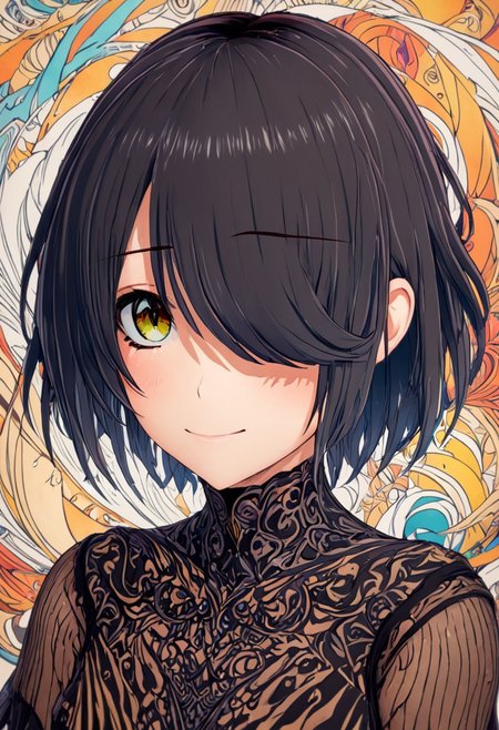 (masterpiece, best quality:1.2), highres, anime coloring, 1girl, solo, light smile, 
bangs over eye, short black hair,artistic,surreal design,