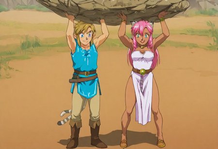 Pink_DragonPink, 1girl, sleeveless dress, white tiger print dress, pelvic curtain, cleavage, white tiger tail, red sash, small breasts, leather shoes, masterpiece, very aesthetic, smiling wide, <lora:pink-illustrious:1>, 
Break
1boy,Anime screencap,link (zelda),blonde hair,blue eyes,pointy ears, wearing blue hyilian tunic, 
Break
Hyrule field, sunny day, by the lake, super_strength, pink_dragonpink holding link (zelda), over head, hands up,
