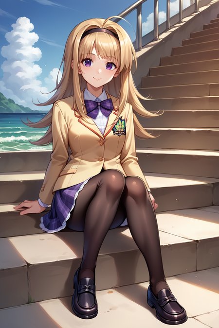 score_9, score_8_up, score_7_up, score_6_up, source_anime, BREAK 1girl,  <lora:chnanami-pdxl-nvwls-v1-000006:1> chnanami, blonde hair, purple eyes, hairband, bowtie, yellow blazer, plaid skirt, pantyhose, loafers, sitting, stairs, wave, looking at you, smile, closed mouth