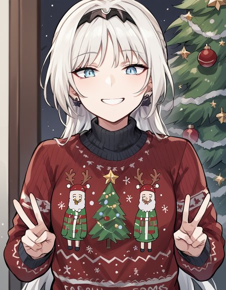 score_9, score_8_up, score_7_up, source_anime, <lora:girlsfrontline-an-94-ponyxl-lora-nochekaiser:1>, an-94, an-94 (girl's frontline), long hair, blue eyes, white hair,, <lora:christmas-sweater-ponyxl-lora-nochekaiser:1>, christmas sweater, christmas, ugly sweater, print sweater, red sweater, christmas tree, christmas ornaments, sweater, multicolored sweater, , v, smile, hands up, teeth, closed eyes, cowboy shot,, , dutch angle, cowboy shot