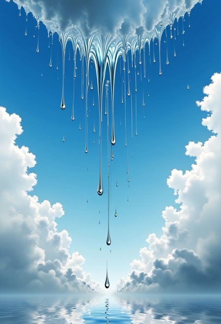 SimpleIllustration The sky is crying.,  surreal inversion, silvery reflections, themes of knowledge and growth, profound knowledge, abstract, mysterious shadows,Dynamic and layered composition, macro, close-up shot, idyllic scene
