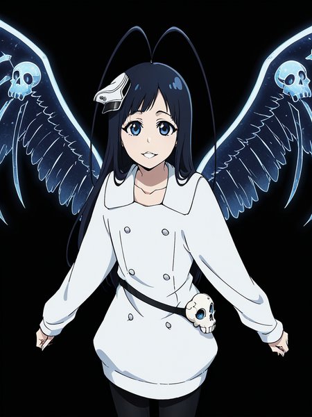 score_9, score_8_up, score_7_up,  
1boy, androgynous, giselle gewelle, blue eyes, black hair, long hair, antenna hair,
standing, solo, black background, smile, parted lips, looking at viewer,
mini hat,
military uniform, white dress, long sleeves, collarbone, short dress, double breasted, waist bag, black leggings,
vollstandig, skull, energy wings, wings, 
