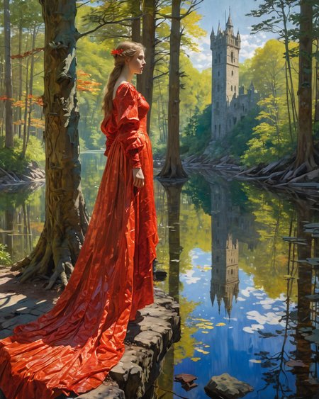 proud princess looking away, forest, water, reflections, transparency, tower, slimy, vivid color, The Tower of Shadows, Edgar Maxence,  neon, (detailed face in focus:1.3), full body, ultra focus, light saturating her clothes,  Childe Hassam, red, <lora:add-detail-xl:1>, <lora:xl_more_art-full_v1:0.8>