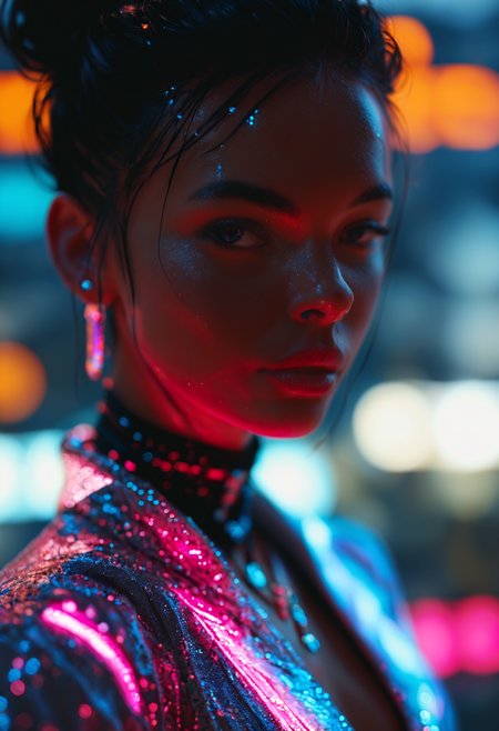 score_9, score_8_up, score_7_up, zPDXL2, Expressiveh, Portrait of a futuristic African leader from Djibouti, dressed in modern and elegant clothing inspired by traditional Djiboutian fashion, standing in front of a glowing futuristic cityscape with sleek skyscrapers and advanced technology, warm sunset casting orange and purple hues, soft glowing light surrounding the figure, strong and confident expression, 8K resolution, highly detailed, cinematic lighting, blending traditional and futuristic elements, vibrant colors and futuristic realism, <lora:add-detail-xl:0.5> <lora:Expressive_H:0.2> <lora:MJ52:1.5> <lora:sinfully_stylish_PONY_0.2:0.2>