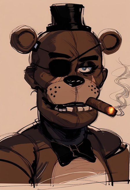 , close up portrait, (smoking :1.1) (cigar:1.1), scar over eye, , tired, (eyepatch:1.1), simple pencil sketch, spot color,  bodysuit , yoji_shinkawa, score_8_up, score_7_up, score_6_up, freddy
