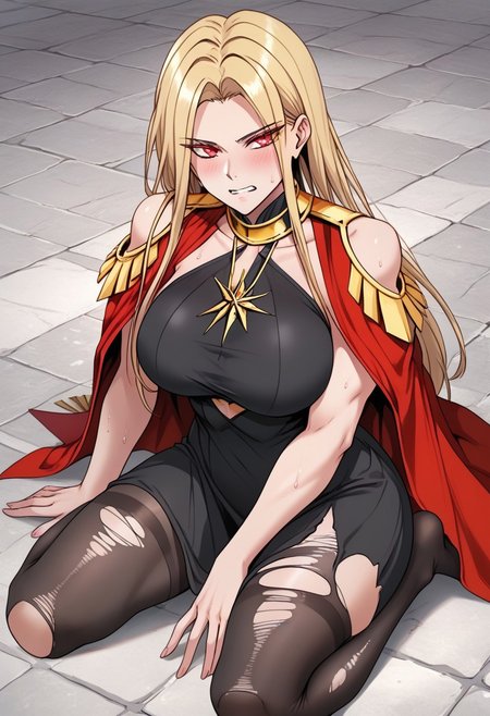 score_9, score_8_up, score_7_up, score_6_up,  source_anime, rating_explicit, 1girl, breasts, skirt, thighhighs, solo,1girl, breasts, Victoria,1girl,  mature female, (huge breasts:1.3),(military uniform:1.3), red coat, black thighhighs, gloves, red skirtred_cape, blonde_hair, solo, long_hair, cape, dress, clenched_teeth, small_head, yellow_eyes, glaring, looking_at_viewer, angry, stone_floor, teeth, kneeling, (black_dress:1.5), barefoot,sweat, scowl, parted_bangs, thighs, bare_legs, bangs, sitting, v-shaped_eyebrows, blush, japanese animation, absurdres, toned, black_hair_tie, high contrast, aesthetic, toned, vivid color, muscular, (wide_shoulders:1.2), wide hips, 2d, thighs, beautiful, sexy, cute_face,open_mouth,bangs, (thick_thighs:1.2), (huge_hips:1.2), (large shoulders:1.2), finely detailed beautiful eyes, finely detailed face,delicate facial features, (tall:1.4), small head,  beautiful eyes and detailed face,toned,(healthy_body:1.2), (best quality, high quality, masterpiece, hyper detail, detailed face,detailed_eyes,detailed_pupils:1.3), collarbone, (detailed_eyes:1.5) ,(masterpiece:1.7),(high quality:1.7), same_eyes,same_pupils,(clear:1.5), detailed_eyes, collarbone, bangs, detailed_eyes, black_clothes, detailed_arms, amazing quality, (large_shoulders:1.4), wariza, (torn_clothes:1.5), upper body, covered_shoulders, muscle, broken floor, detailed_hands,taut_clothes,epaulettes, crossed arms,hands on own breasts,tattered clothes