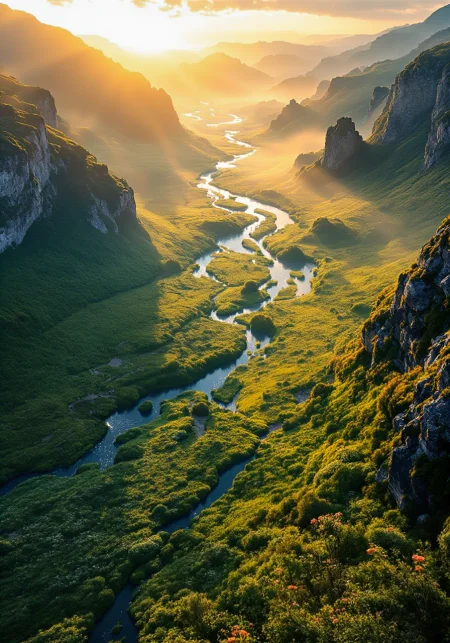 You are an assistant designed to generate superior images with the superior degree of image-text alignment based on textual prompts or user prompts. <Prompt Start> Sweeping aerial view of an ancient inland valley bathed in soft amber sunlight, an intricate river network weaving through lush meadows and rugged rocky outcrops. Emerald forest edges draped with delicate moss textures and dew-kissed wildflowers create an exquisite close-up emphasis, capturing natural gradients and ambient shadows. Detailed, radiant interplay of early morning mist and warm autumn hues, dynamic tracking perspective along winding paths, cinematic spatial composition and intricate natural textures. 8k masterpiece quality, vivid color palette, immersive natural clarity, bold interplay of light and shadow, evocative atmosphere, timeless scenic elegance, and meticulously rendered organic details. 