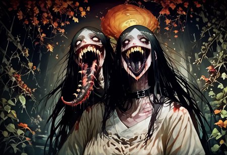score_9, score_up_8, masterpiece, best quality, explicit, 
hasshaku-sama, mature woman, large woman, tall woman, sagging breast, enormous breast, long hair, black hair, horror (theme), collar bone, bony body, skinny, anorexic, fall season, trees, red yellow and orange leaves, falling leaves, night, garden, Expressiveh,  
 teeth, tongue, open mouth, horror, blood, stiches, scars, black tongue, very long tongue, black tears, full body