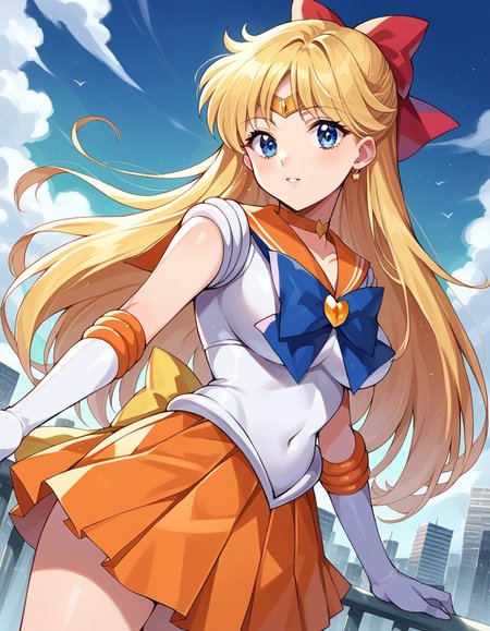 score_9, score_8_up, score_7_up, source_anime,
sailorvenus, <lora:sailor-venus-ponyxl-lora-nochekaiser:1>
sailor venus, blonde hair, blue eyes, bow, hair bow, half updo, long hair, red bow, tiara,
back bow, choker, elbow gloves, gloves, jewelry, magical girl, orange choker, orange sailor collar, orange skirt, sailor collar, sailor senshi uniform, school uniform, serafuku, skirt, white gloves,
outdoors, cityscape,
looking at viewer, cowboy shot, dutch angle,