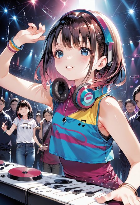 score_9, score_8_up, score_7_up, source_anime, solo, 1girl, MdoHP, Amai Liu, sensual, penetrating look, dominant, upper body, female dj, colorful clothes, quirky, vibrant appearance, playful accessories, creative, imaginative, sensual, spontaneous, DJ headphones, mixing console, music club, nightclub, independent theaters, people dancing on the dance floor, underground nightclub, high quality, skin texture, intricate details, (cinematic lighting),  photo RAW, 8k