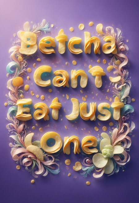 flamboyant, pastel colors, curved lines, elaborate detail, Rococo, (text "Betcha Can't Eat Just One":0.7), made out of potato chips, bright colors, surreal, cinematic, extremely detailed, incredible quality, very inspirational,, inspiring, thought, epic, perfect composition, beautiful light, clear focus, creative, positive, cheerful, unique, joyful, cute, scientific, elegant, intricate, highly colorful
