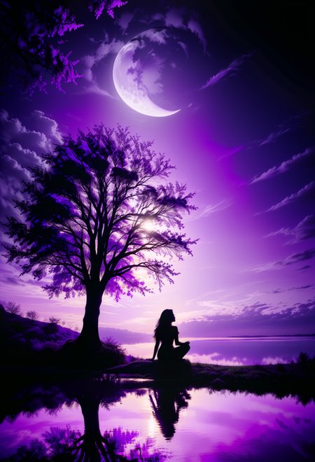 a pitch black setting with a (silhoutte) of a beautiful long haired woman sitting lit up by a purple hue, magical, silhouette, purple theme, purple skies, tree silhouette, eyes closed, ephemeral, reflection, moon  <lora:sdxl\add-detail-xl> <lora:sdxl\xl_more_art-full_v1>