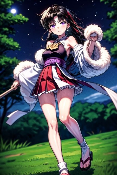 masterpiece,  best quality 1girl Setsun4 solo long hair,  (night time) forest background black hair very long hair purple eyes multicolored hair armor (fur trim) (medium body),<lora:EMS-179-EMS:0.800000>,<lora:EMS-293862-EMS:0.800000>ascot, bare shoulders, black footwear, detached sleeves, embellished costume, frills, japanese clothes, nontraditional miko, red skirt, sandals, sarashi, skirt, socks, white sleeves, white socks, wide sleeves, yellow ascot, zouri, armor, miko