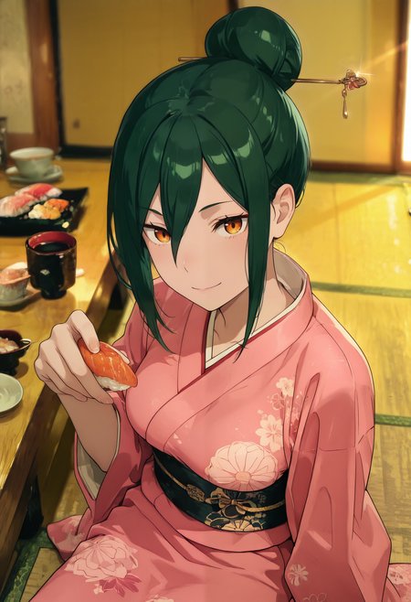 1girl,solo,cruschkarsten, green hair, single hair bun, hair stick, bangs, hair between eyes, (orange eyes:1.2), medium breasts, pink kimono, floral print, smile, nigirizushi, food, Holding sushi in one hand, indoors, sitting on floor, table, omakase, sushi plate, cup, soy sauce, saucer,  dutch angle, depth of field, dynamic angle, from above, masterpiece, best quality, amazing quality, very aesthetic, absurdres,  (scenery, volumetric lighting), in the style of cksc