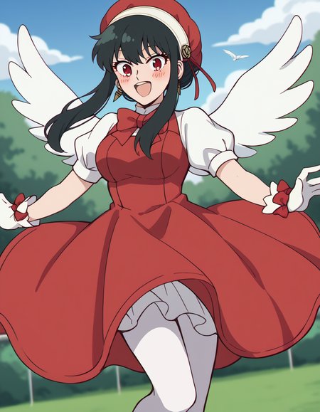 score_9, score_8_up, score_7_up, source_anime, yorbriar, <lora:yor-briar-s1-ponyxl-lora-nochekaiser:1>, yor briar, black hair, red eyes, earrings, white hairband, hairband, long hair, sidelocks, medium breasts,, <lora:sakura-kinomoto-cosplay-ponyxl-lora-nochekaiser:1>, sakurakinomotocosplay, kinomoto sakura \(cosplay\), bow, bowtie, dress, gloves, hat, magical girl, pantyhose, petticoat, ppuffy short sleeves, puffy sleeves, red bow, red bowtie, red dress, red hat, short sleeves, white gloves, white pantyhose, white wings, wings,, outdoors, open mouth, blush, smile, flying,, cowboy shot, dutch angle, solo,