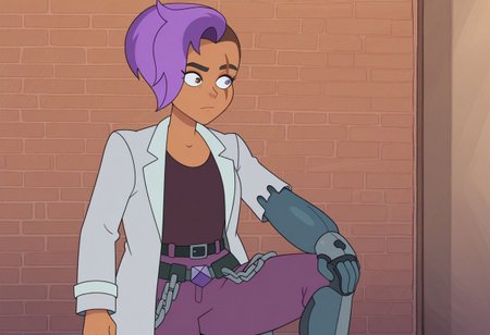 score_9_up, score_8_up, masterpiece,amazing quality,best quality,ultra-detailed,8K,illustration, amazing quality,easynegative, score_7_up, the professor, 1girl, purple hair, labcoat, solo, scar, dark-skinned female, belt, short hair,, scar on face,prosthesis, multicolored hair,two-tone hair,single mechanical arm ,single mechanical leg, pants