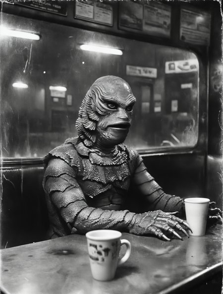 Gill_man sitting in a new york city diner at night, cinematic, dramatic, damaged film, black and white, cup of coffee, Creature from the Black Lagoon, <lora:Vintage_Street_Photo:0.8>, <lora:Gill-man_Retro_Swamp_Monster_SDXL:0.8>,