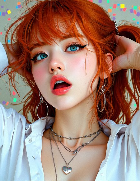 An upper body image of a beautiful young lady with curly orange hair, hair over one eye,  aqua eyes, and bold eyeliner. She has thick eyebrows and long eyelashes, long fingernails,  and her lips are shiny and full. She wears an amulet heart, rimless eyewear,  and a helix piercing. The extreme realism focuses on her detailed skin, showing fine textures and natural highlights.

The background is Tiny, colorful squares forming a pixelated, digital mosaic pattern.

Her outfit are Oversized button-up shirt dress

Subtle skin pores and natural texture on the face and neck, Realistic light reflections on the surface of the eyes, Slightly raised veins visible under the skin on the neck, Subtle veins visible on the eyelids under certain lighting, Realistic reflection of light on the glossy lips, following their curvature, Soft reflections on the necklace, enhancing its metallic look

Holding both hands behind her head, making bunny ears with her fingers, with a crazy laugh, 













 









































