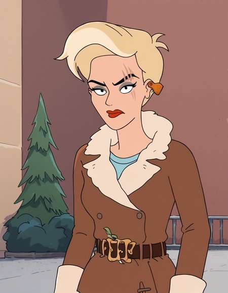 <lora:HarmonyPony1.0:1> harmony, 1girl, short hair,blonde hair, blue shirt, solo, scar across eye, makeup, ear tag, black eyes, coat, red lips, belt, lipstick,outdoors,  score_9, score_8_up, score_7_up, score_6_up, score_5_up, score_4_up, looking at viewer, cowboy shot
