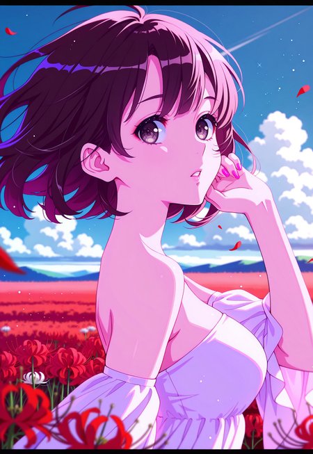safe_pos, (mika pikazo:0.1),(quasarcake:0.1),(yoneyama mai:0.1), 1girl, katomegumi,brown hair,katou megumi,brown eyes, pupils,medium breasts,short hair, original, bare shoulders, blue sky, blurry, depth of field, field, flower, flower field, letterboxed, light particles, looking at viewer, red flower, sky, solo, spider lily, upper body, day, white flower, eyelashes, pink nails, sparkle, medium breasts, outdoors, from side, rose, detached sleeves, looking to the side, breasts, tareme, petals,wind, teeth, dress, parted lips, strapless, floating hair, strapless dress, cloud, armpits, hand up, wind lift, red theme, white dress, nail polish, ((detailed eyes))