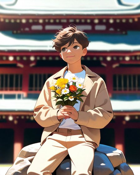 masterpiece, best quality, amazing quality, 1boy, solo, masterpiece, best quality, young man sitting on a rock, relaxed posture, casual outfit (beige jacket, white t-shirt, beige trousers), short dark hair, holding a small bouquet of flowers, slight smile, looking at the camera, outdoor setting, blurred background with architecture, candid lifestyle photography, shallow depth of field, bright and even lighting, sunny day, volumetric lighting, <lora:Bree_Style-000019:0.6>, free style
