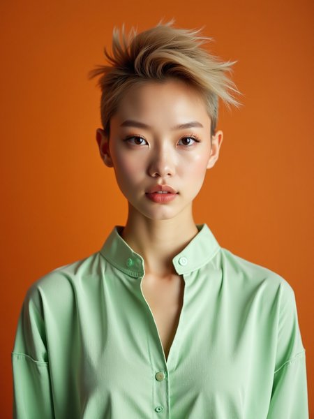 full shot portrait of a young woman of Korean descent standing in a studio, 
with delicate fair skin and visible skin texture, 
wearing a Pastel Green Tunic Top, 
and her Mohawk hair, 
which makes her look vibrant and avant-garde. 
The woman's gaze is firm and direct. 
The background is Burnt Orange. 
The overall composition combines fashion and natural elements to create a striking and powerful visual effect.