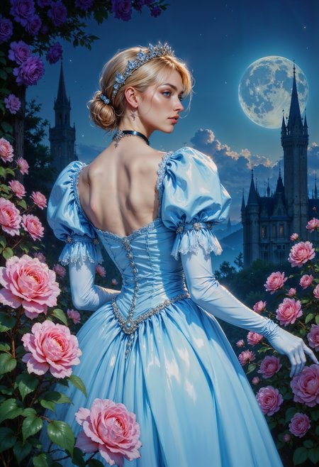 Cinderella. a digital painting in a fantasy art style. It features a young woman with a fair complexion and blonde hair styled in an elegant updo. She wears a voluminous, flowing, pale blue gown with puffed sleeves and a fitted bodice, adorned with delicate lace details. The gown is backless, revealing her bare shoulders and back. Her gloves are long and white, matching her hair accessories, and she has a black choker around her neck. The woman is standing amidst a lush garden filled with blooming pink roses and purple flowers, their petals gently illuminated by a soft, ethereal light.
The background is a dreamy, nighttime sky, filled with a deep blue hue transitioning to a starry expanse. A full moon, partially obscured by clouds, hangs prominently in the upper right corner, casting a gentle glow over the scene. The architecture of a fairy-tale castle is faintly visible in the distance, adding to the magical ambiance. The overall mood of the painting is serene and enchanting, with a blend of soft, pastel colors and intricate details that evoke a sense of fantasy and romance.