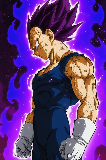anime screencap, masterpiece, best quality, amazing quality, very aesthetic, absurdres,  newest, (scenery, volumetric lighting), official style, dappled moonlight, light particles, light rays,
vegeta, official alternate costume, ultra ego, no eyebrows, official style, solo, closed mouth, spiked hair, purple hair, purple eyes, constricted pupils, looking at another, from side, 1boy, male focus, muscular, torn bodysuit, veins, sleeveless bodysuit, blue bodysuit, white gloves, anger vein, purple aura, biceps, serious, clenched hands, standing, night sky, star \(sky\), dirty clothes, cowboy shot, profile, dirty face
<lora:Vegeta_IL_V2:0.8>