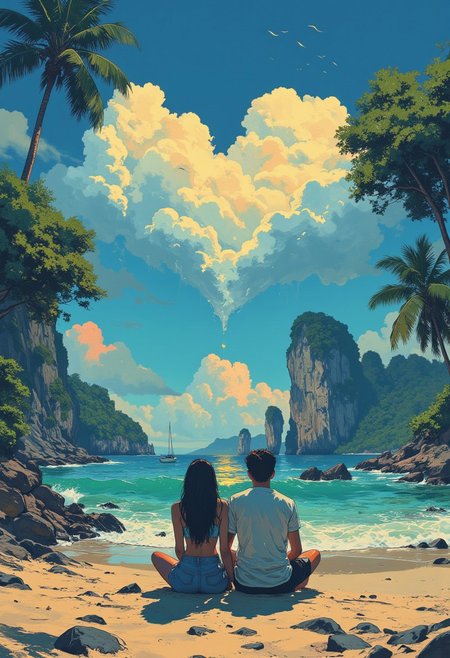 A breathtaking Image and Nature, Picturesque beach of Koh Yao Noi island, ((a woman and a man are sitting close to each other at the beach, towards a big heart made of clouds)) towards the ocean, on the beach, from behind, hugging each other, palms,an amazing view of the surrounding boulders rising out of the water, rich and complex oil painting of sounds, a living tapestry woven from the hues and textures captured by a digital, best quality, double exposure, realistic, whimsical, fantastic, splash art, intricate detailed, hyperdetailed, maximalist style, psychedelic, post-apocalyptic, photorealistic, concept art, sharp focus, harmony, serenity, tranquility, mysterious glow, ambient occlusion, halation, cozy ambient lighting, dynamic lighting,masterpiece, liiv1, linquivera, metix, mentixis, excellent composition, finest details, highest aesthetics, strong muted Highlighter of the turquoise ocean around, Blue hue, mystical glowing, best quality sharp focus, high contrast, stylized, clear, colorful, surreal, ultra quality, 8k, best quality, a breathtaking masterpiece, award winning, DB4RZ, DB4RZ style painting, NeoPigma, in the style of cksc, anime, cyberpunk