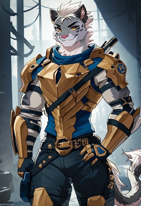 score_9, score_8_up, score_7_up, source_furry,
NSFW,
By yelftea, by noctoc, by blackwhiplash, warcraftstyle,
background,sci-fi, rich colors
solo, manul, cyborg, girly guy, tall, athletic, slim, daring, gray fur, white hair, short hair, gold eyes, detailed face, sharp smile, manul tail
 Hydraulic armor, all honeyed and sticky