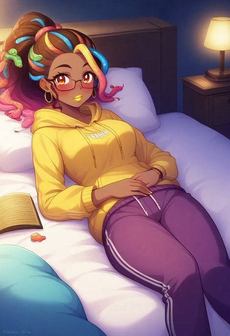 score_9, score_8_up, score_7_up, score_6_up, 1girl,  african american woman, amber eyes, dark brown skin, muscular woman, athletic woman, yellow lipstick Jiggawatt, Azarin, gold hoop earrings, gummy worm hair, gradient hair, sugar, multicolored hair, ponytail, 18yr old, blush, 
1girl, sweatpants, yellow hoodie, glasses on nightstand, sleeping, night time, indoors, bedroom, lying in bed, sleeping bag, sleeping, schlafsack, snake hair peeking out, lights out