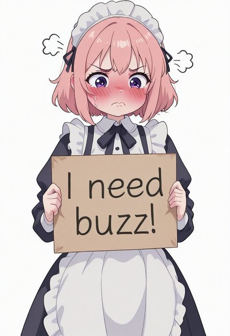 studio ghibli,civchan, 1girl, solo, purple eyes, pink hair,maid, need_buzz, holding sign, cute, blushing, pouting, clean white background,