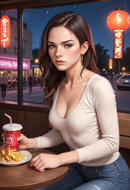 positiv Clip L:
  embedding:Pony\zPDXL3, A stunningly beautiful adult woman sitting across from you in a cozy fast-food restaurant at night. She is wearing casual yet stylish clothes, such as a fitted shirt and jeans, exuding effortless charm. perfect round small breasts cleavage. Her captivating eyes meet yours with an intense, upset gaze that feels deeply personal and cold. Soft moonlight streams through the large window behind her, casting a cool, ethereal glow on her figure, while the warm, ambient lighting of the restaurant creates a balanced contrast. The table in front of her has subtle details like a soda cup and a tray with fries, adding authenticity to the scene. The background features faint reflections on the glass and soft neon lights from the street outside, enhancing the cinematic and intimate atmosphere. Ultra-detailed, cinematic composition, sharp focus on her expression and eyes, complementary cool moonlight and warm interior tones, upset,  
positiv Clip G:
  embedding:Pony\zPDXL3, A stunningly beautiful adult woman sitting across from you in a cozy fast-food restaurant at night. She is wearing casual yet stylish clothes, such as a fitted shirt and jeans, exuding effortless charm. perfect round small breasts cleavage. Her captivating eyes meet yours with an intense, upset gaze that feels deeply personal and cold. Soft moonlight streams through the large window behind her, casting a cool, ethereal glow on her figure, while the warm, ambient lighting of the restaurant creates a balanced contrast. The table in front of her has subtle details like a soda cup and a tray with fries, adding authenticity to the scene. The background features faint reflections on the glass and soft neon lights from the street outside, enhancing the cinematic and intimate atmosphere. Ultra-detailed, cinematic composition, sharp focus on her expression and eyes, complementary cool moonlight and warm interior tones, upset,