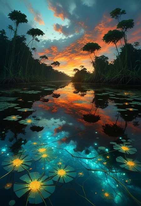(by Ellen Jewett:1.5), (Bioluminescent Impressionism,  amazon river surface mirroring a blazing sunset, ethereal landscapes, dynamic light, depth of field, biotech emotion:1.3) <lora:xl_more_art-full_v1:0.5> <lora:add-detail-xl:1> <lora:RMSDXL_Creative:2>