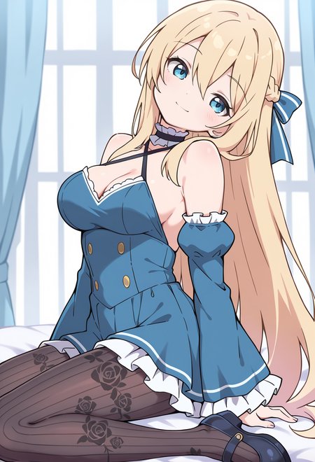 masterpiece, best quality, high quality, anime, solo,  <lora:Bubukka_IllXL:1>
 light smile, 1girl, blue eyes, very long hair, blonde hair, french braid, bangs, hair between eyes, medium breasts,, hair ribbon, frilled choker, criss-cross halter, sleeveless dress, high-waist skirt, backless dress, layered dress, blue dress, waist blue bow, detached sleeves, frilled sleeves, wide sleeves, blue sleeves, black pantyhose, patterned legwear, pinstripe pantyhose, mary janes, head tilt,
