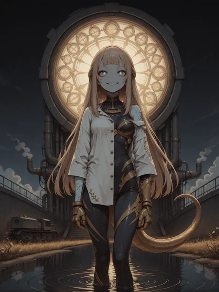 masterpiece,best quality,amazing quality,very aesthetic, mesugaki, haiz_ai, no lineart,no outline, HassaKu_illu, anime screencap, anime coloring, re4lity_sync_illu, S4bit4mago_illu, wasabi_natsume_illu, AmdrewXL, (character focus, close up:1.2),  Flat vector illustration, flat color, digital illustration, vintage dirt, eerie, 
Sunny day,  dark theme,  
soft lighting, shadows, soft shadows, Chiaroscuro Lighting, Broad lighting, long shadows,, 
1girl, (solo:1.6), impossible hair, impossible long hair, half_updo hair, diagonal_bangs, circle shaped pupils, blue eyes, crazy, smiling, mature,   light brown hair,   (thin, skinny, petite:1.1),   small breasts, armored gloves, robotic, skin lines, multicolored skin, (2::light cyan skin, colored skin,:1.2), segmented skin, front view, from above,, standing, flying,,    tentacle tail,  
  headwrap,
light green wool asymmetrical Dress shirt, light pink ballistic high slit yoga pants, 
 off shoulder, 
BREAK
dark theme, golden, patterns, cosmic, fog, mist, smoke, gradient, asymmetric, mismatched, wallpaper, wall,  
plastic bulky walls,     heavy sky, clouds, stairs, boxes, 
Massive cranes, steam vents, factory chimneys, large machines, metal, metal pipes, large forklifts, small hazard lights, oily puddles,Towering stained-glass windows, river, Exterior, river, clear waterm smooth rocks, tall trees, reflections, ripples, splashes, wildflowers, grass, shore,Gnarled trees, 
<lora:NOOB_vp1_detailer_by_volnovik_v1:3> <lora:add-detail-xl:3> <lora:DetailedPerfect_hands_r1:1> <lora:feet_anime_pony_v2:1> <lora:S4bit4mago:0.7> <lora:xl_more_art-full_v1:0.2> <lora:anime_screencap:0.3> <lora:Granblue Fantasy XLV2:0.2> <lora:Sinozick_style:0.4> <lora:LineArt Grey [LoRA] - Illustrious-XL v0.1:0.3> <lora:Gothic_Grain_Illustrious:0.2> <lora:ppw_v7_Illuv1.0_1_r2:0.4>